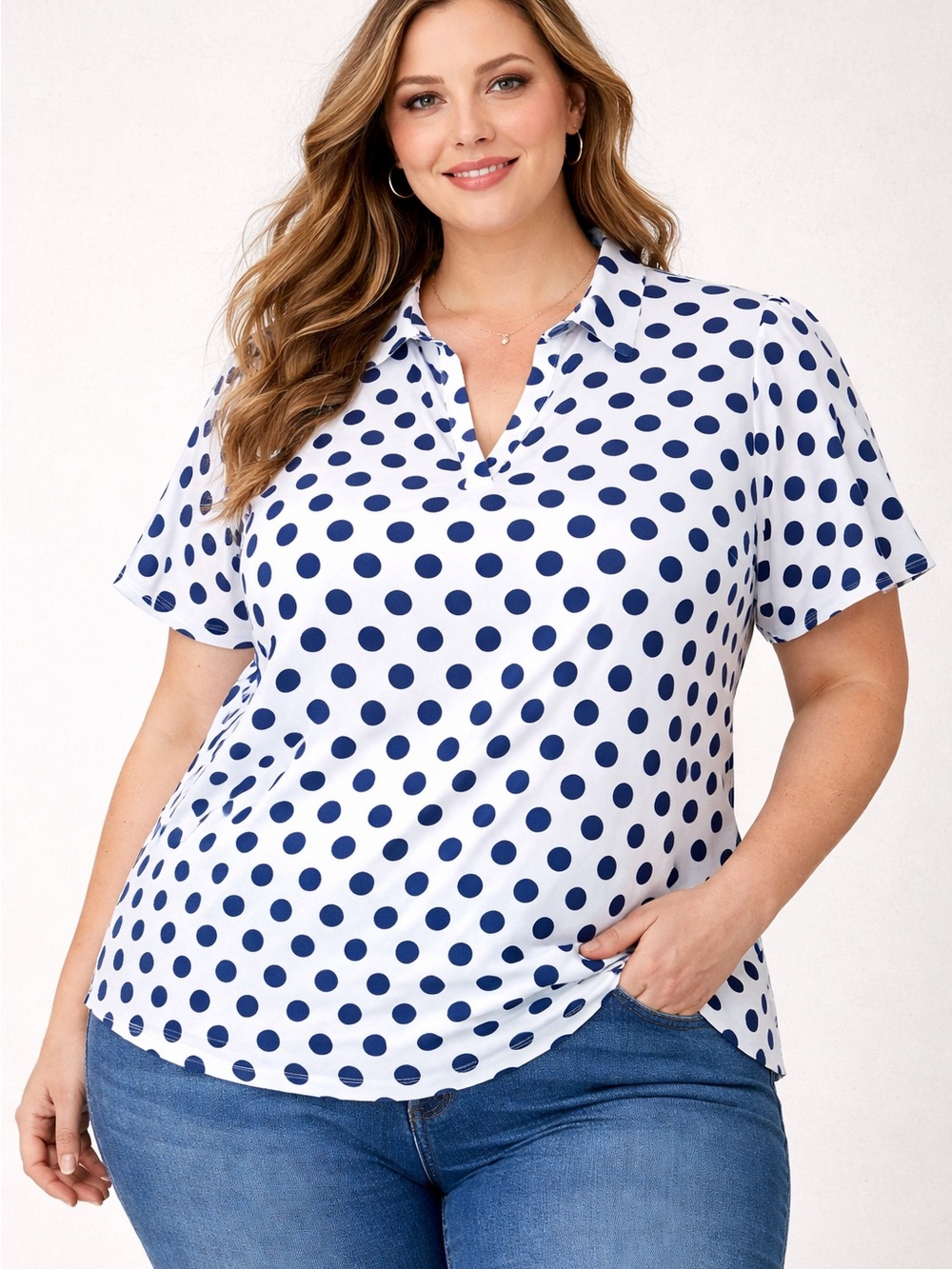Plus Size Navy Polka Dot Short Sleeve Button-Down Top
